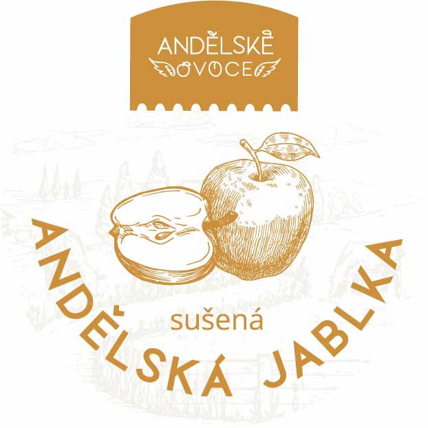 Grafický návrh etikety na sušená Andělská jablka firmy Grain